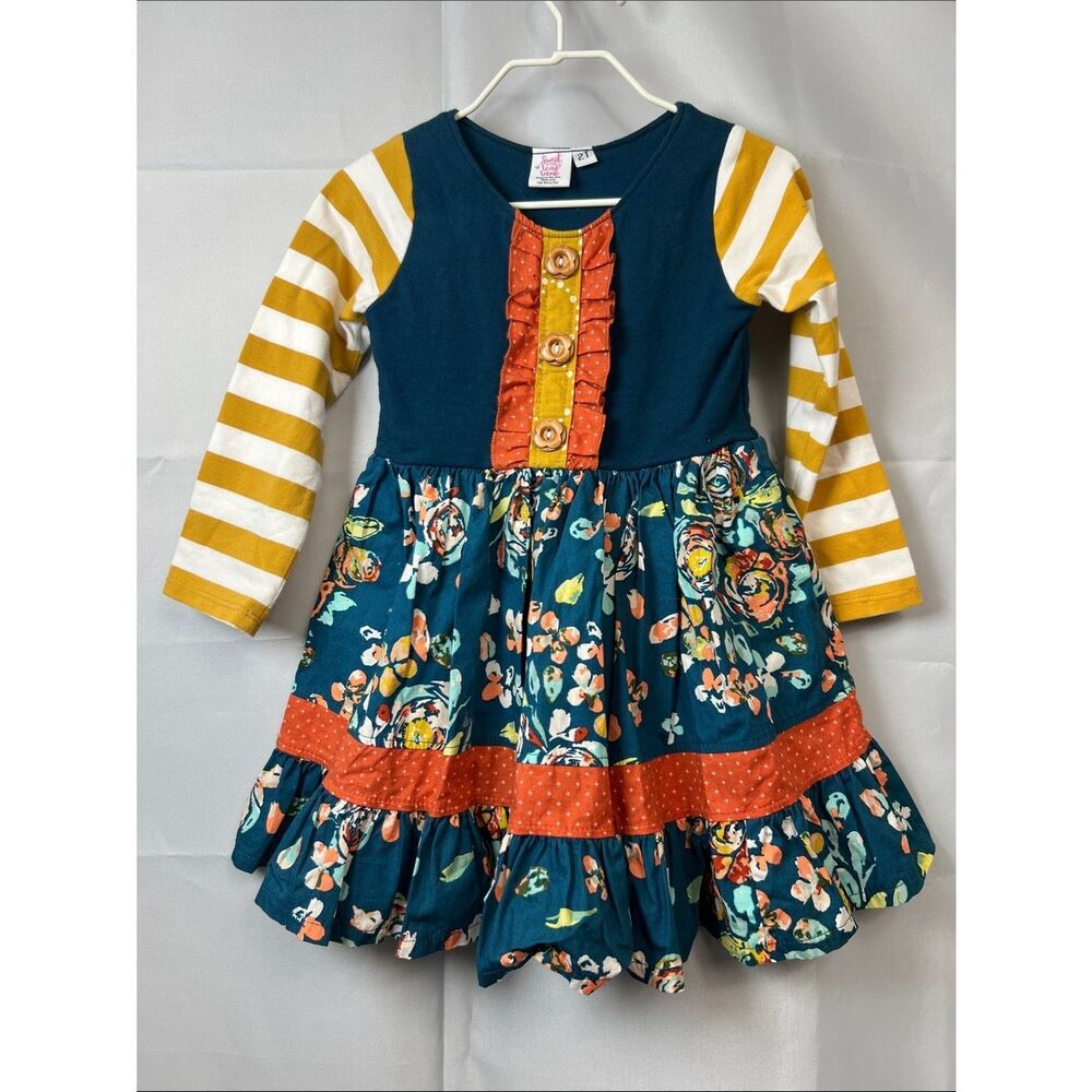 Sweet Leaf Lane multi pattern and fabric long sleeve ruffle dress 2T